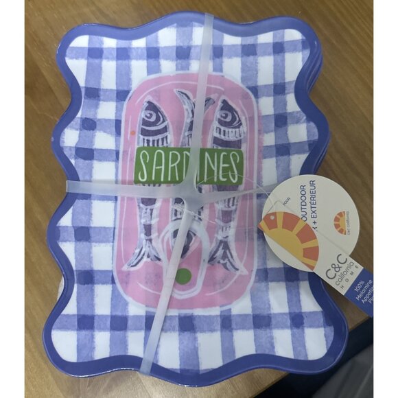 Set Of 4 C&C Cali Assorted SARDINES Melamine Appetizer Plates Nautical Blue - Picture 2 of 7